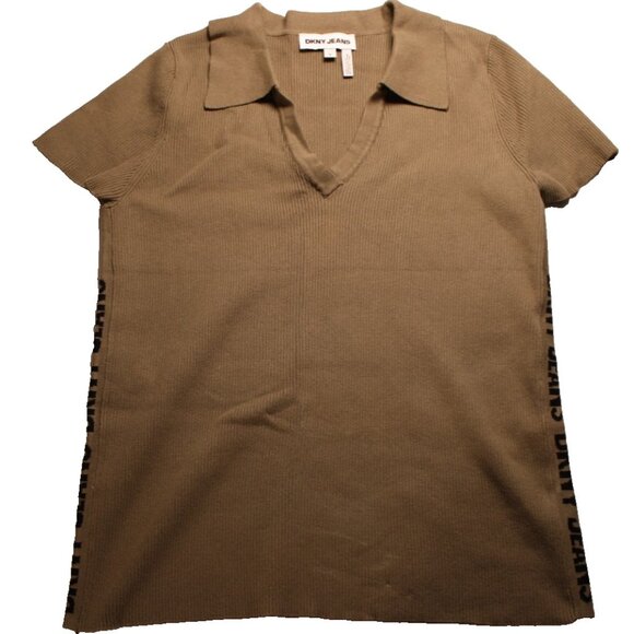 DKNY Jeans Womens Brown V-Neck Rib-Knit Polo Top Short Sleeve X-Large Cotton - Picture 1 of 11